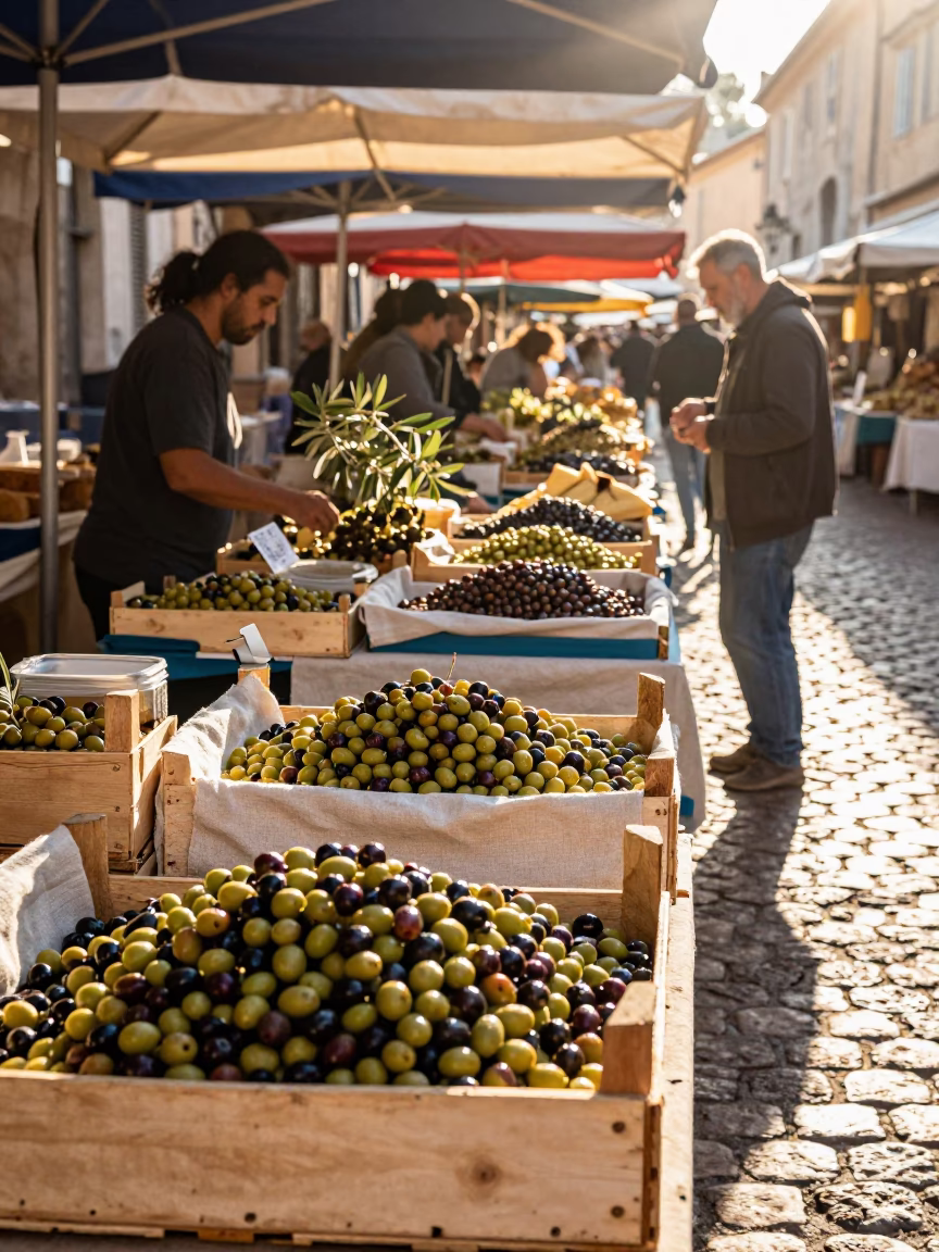 Vibrant Morning Market Scene in Nice France with Olives and Linen Textiles in in Nice, France