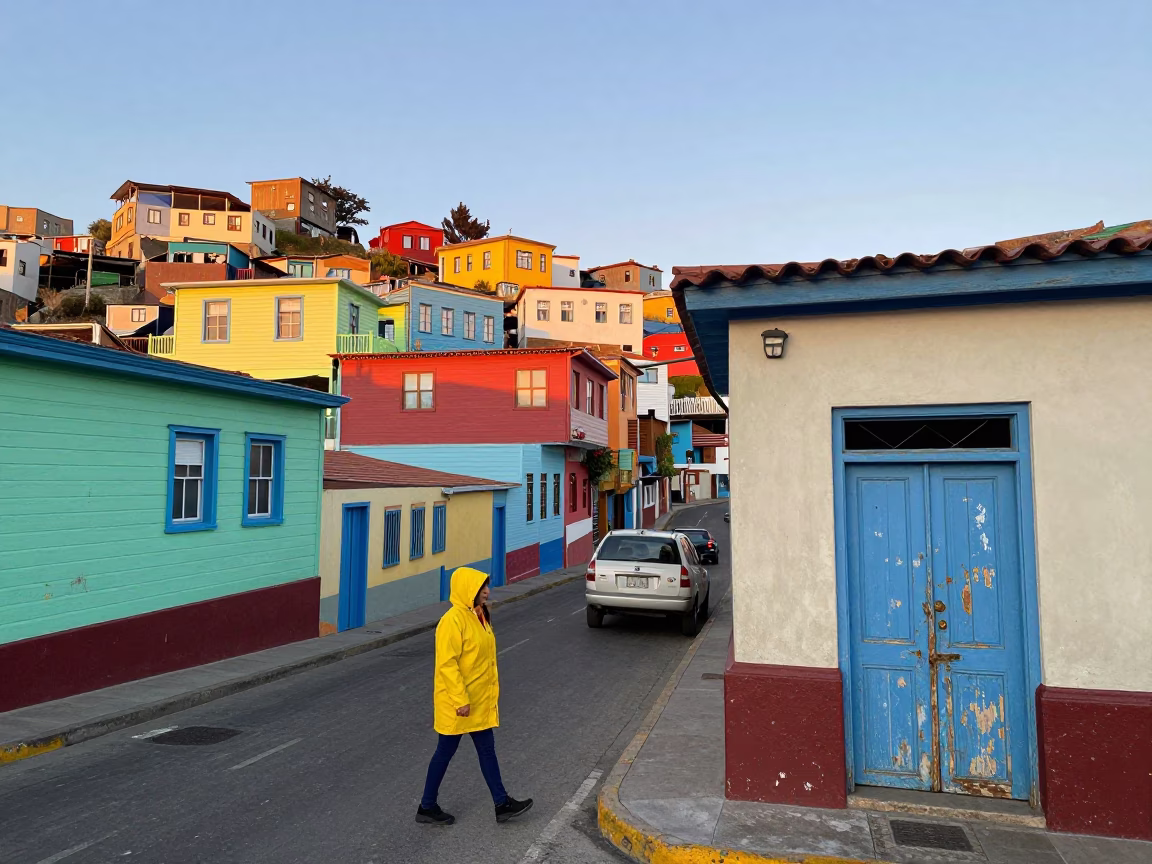 Vibrant Morning Street Life in Valparaiso Chile with Colorful Facades and Local Details in in Valparaiso, Chile