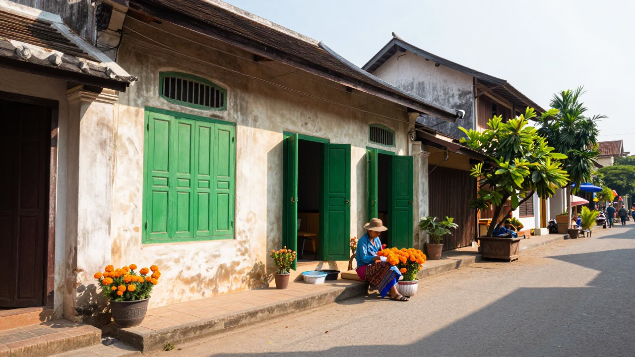 Vibrant Morning Street Scene in Luang Prabang Laos with Traditional Architecture and Local Life in in Luang Prabang, Laos