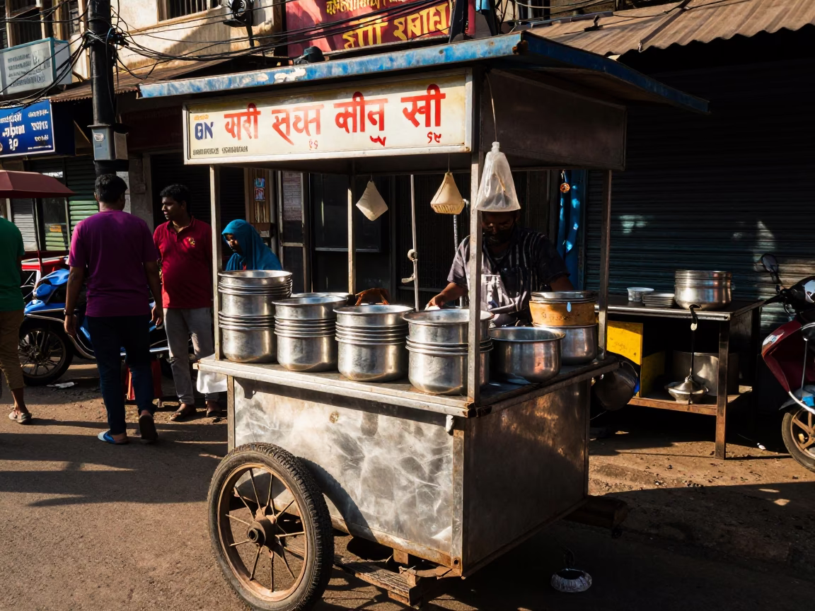 Vibrant Mumbai Street Food Stall in Early Afternoon Sunlight with Enamel Bowls in in Mumbai, India