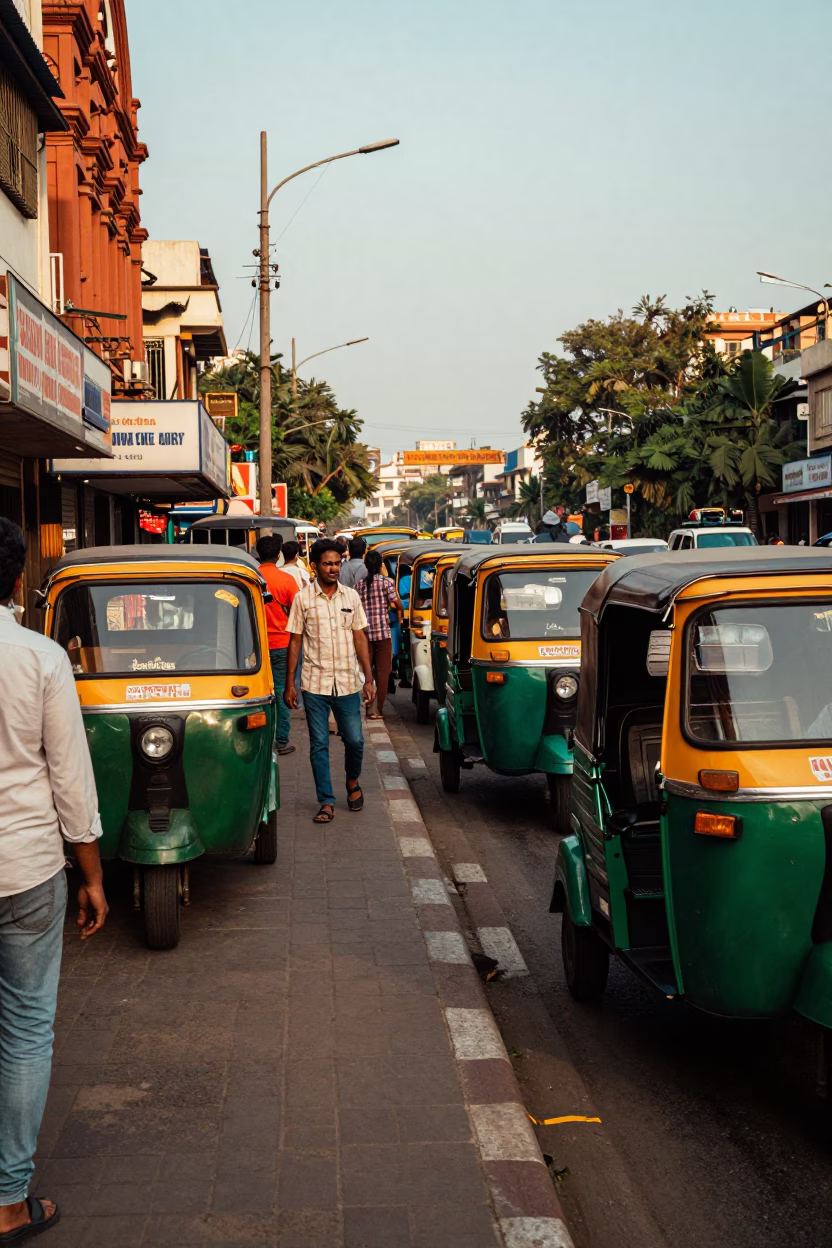Vibrant Mumbai Street Scene Late Afternoon with Colorful Auto Rickshaws and Urban Life in in Mumbai, India