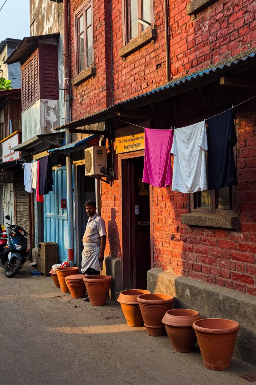 Vibrant Mumbai Street Scene Late Afternoon with Terracotta Pots and Local Life in in Mumbai, India