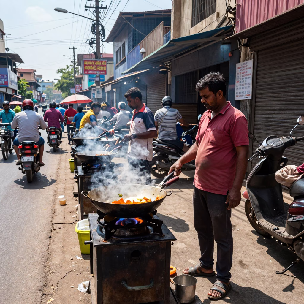 Vibrant Mumbai Street Scene Midday with Skillet Cooking and Chicken Tikka Masala Plate in in Mumbai, India