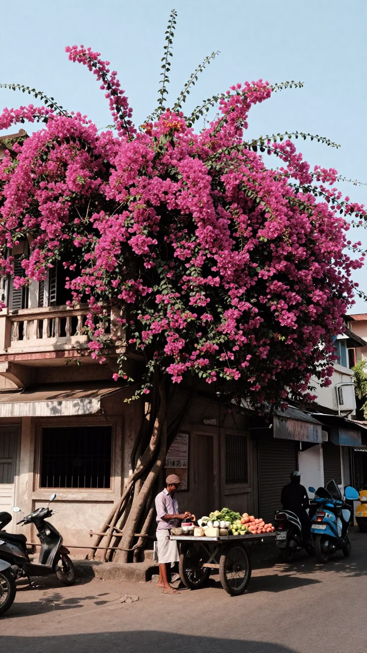 Vibrant Mumbai Street Scene with Bougainvillea and Morning Light in India in in Mumbai, India