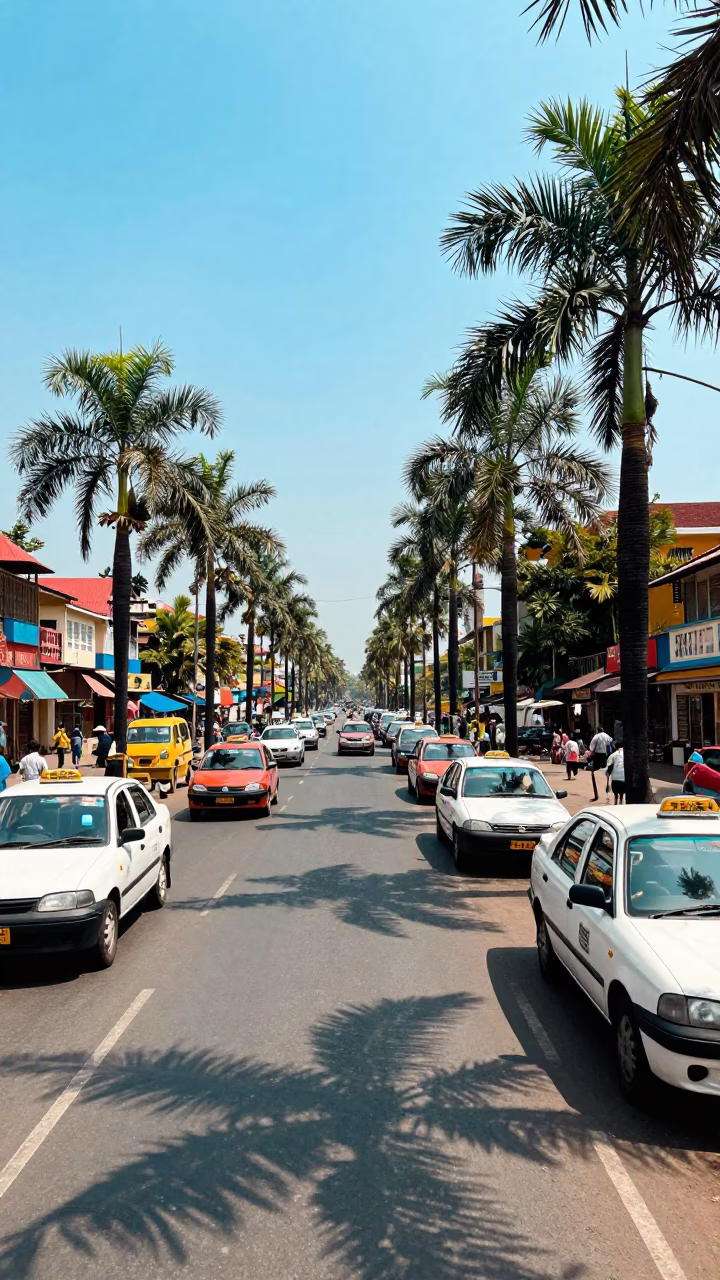 Vibrant Mumbai Street Scene with Palm Trees and Local Traffic at Midday in in Mumbai, India