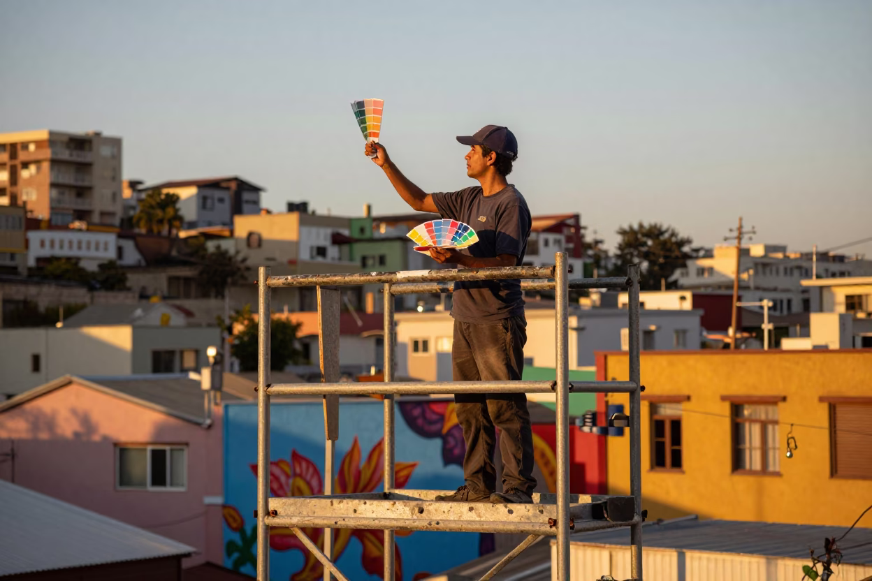 Vibrant Muralist Painting Sample Swatches on Scaffold in Valparaiso Chile Golden Hour in in Valparaiso, Chile