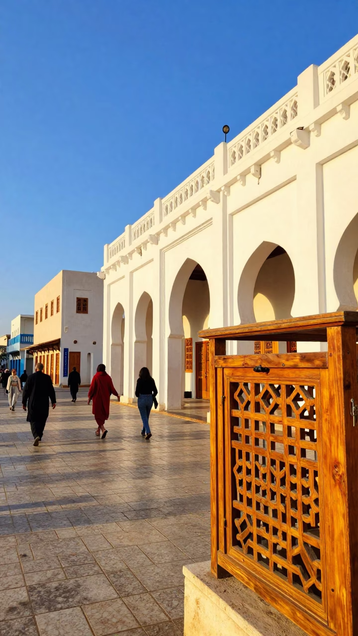 Vibrant Muscat Street Scene Late Afternoon Light Traditional Omani Architecture and Local Life in in Muscat, Oman