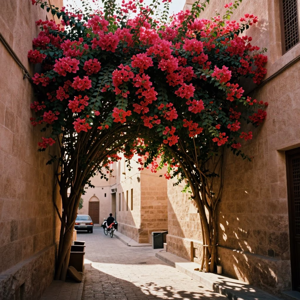Vibrant Muscat Street Scene Late Morning with Bougainvillea and Traditional Architecture in in Muscat, Oman