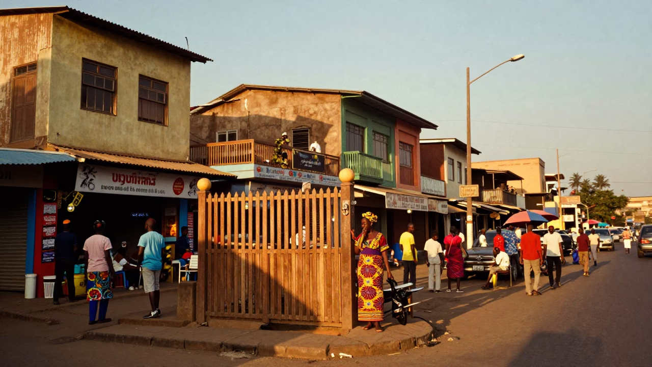 Vibrant Nairobi Street Corner in Honeyed Evening Light with Local Market Activity in in Nairobi, Kenya