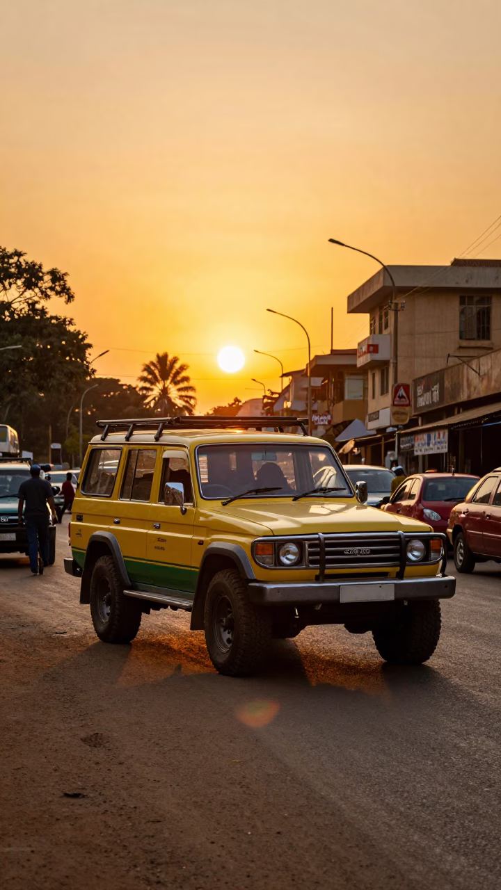 Vibrant Nairobi Street Scene at Sunset with Vintage SUV and Local Commerce in in Nairobi, Kenya