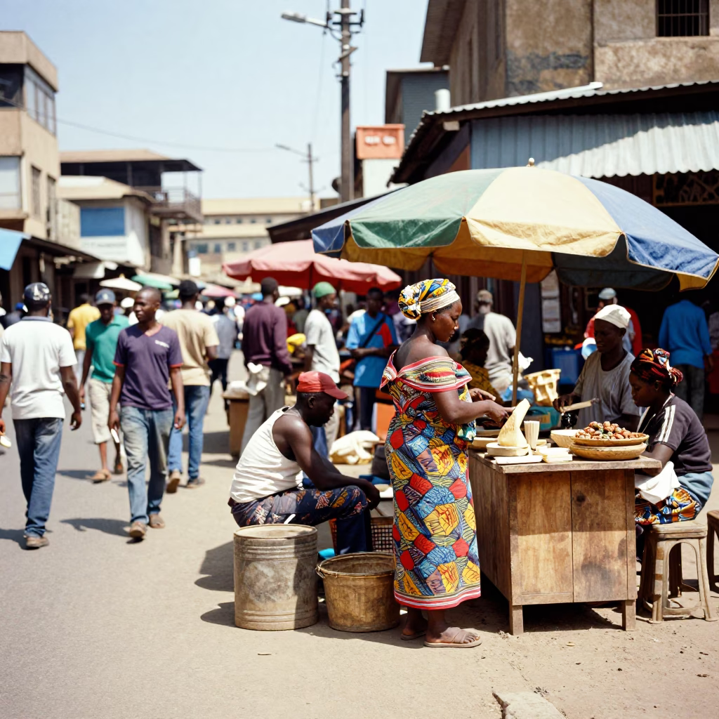 Vibrant Nairobi Street Scene with Local Vendors and Busy Traffic Under Bright Midmorning Sunlight in in Nairobi, Kenya