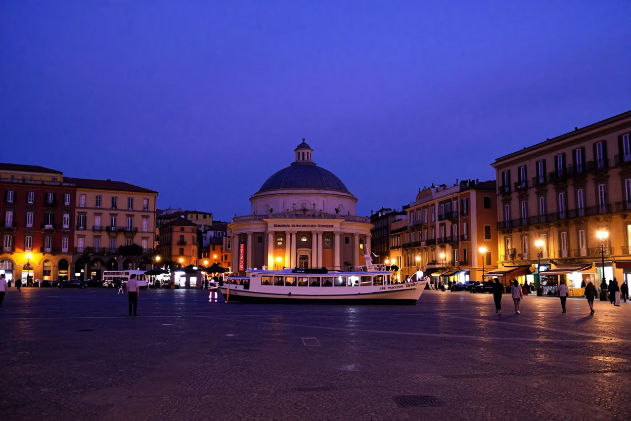 Vibrant Naples Evening Street Scene with Mail Boat and Cobblestone Plaza in in Naples, Italy