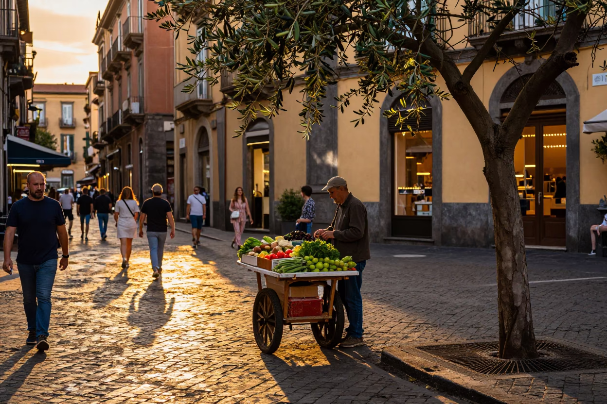 Vibrant Naples Evening Street Scene with Olive Branch and Corkscrew in in Naples, Italy
