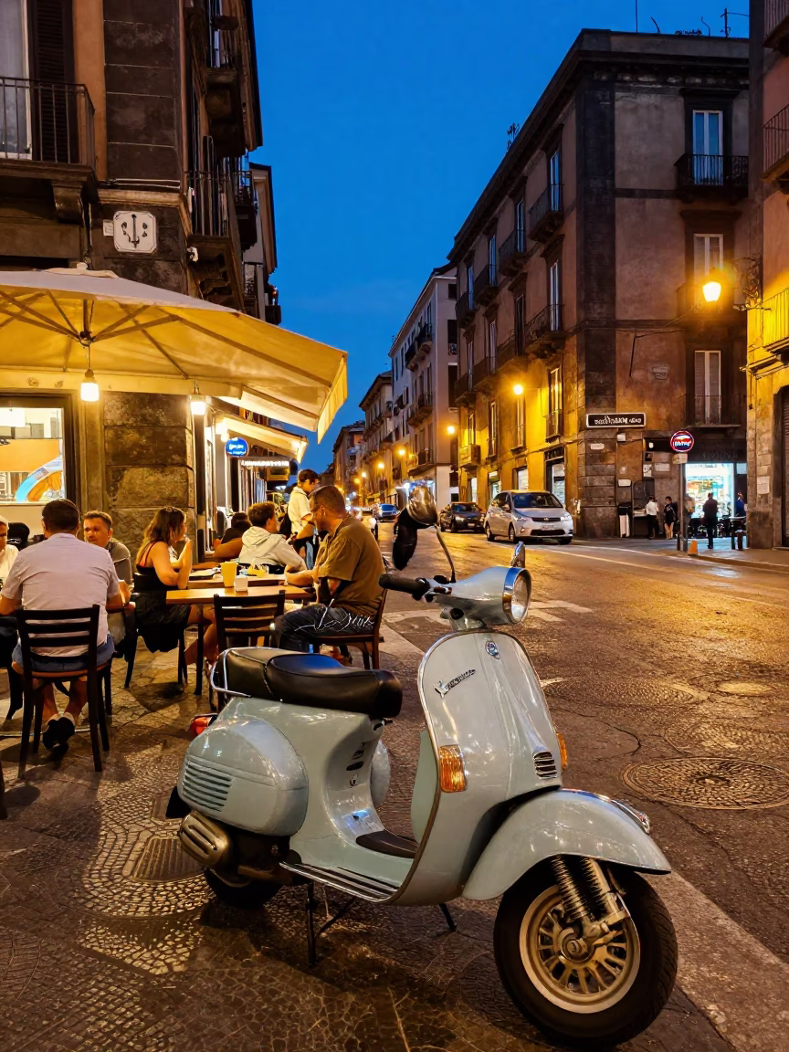 Vibrant Naples Evening Street Scene with Traditional Vespa and Local Diners in in Naples, Italy