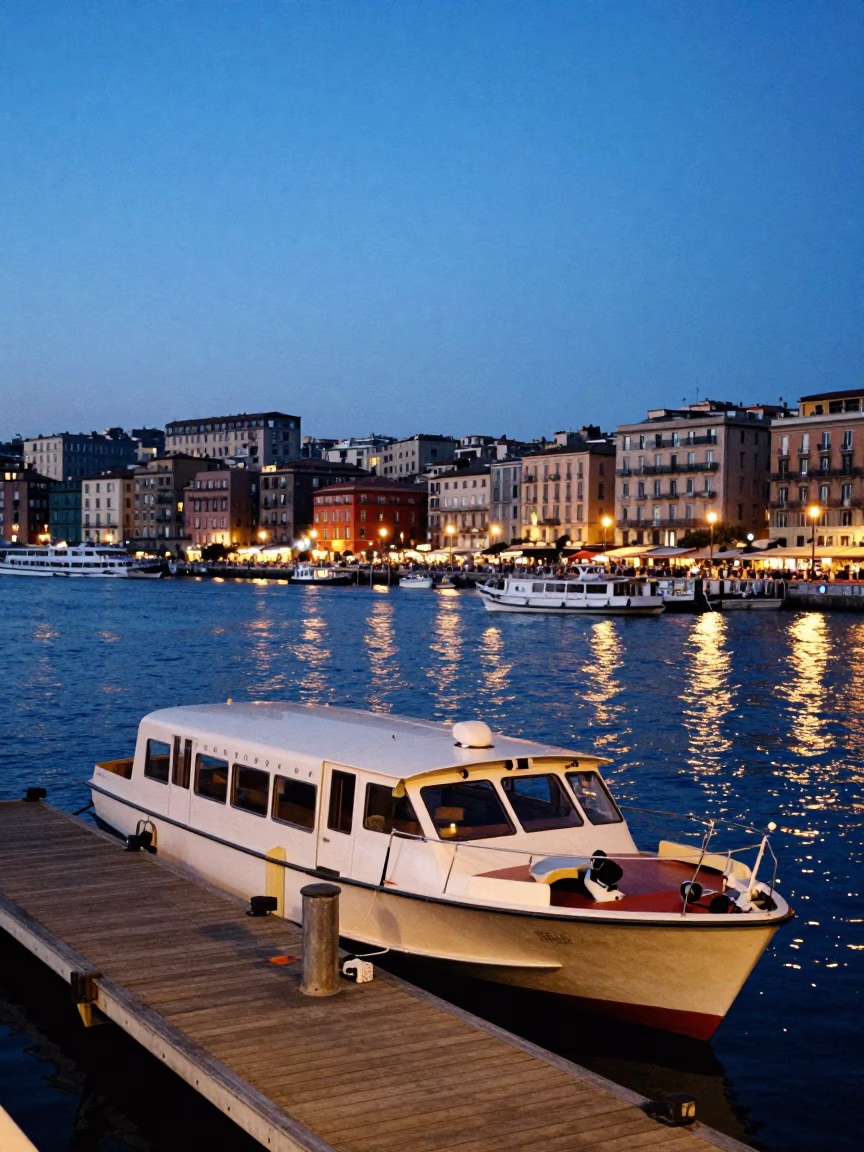 Vibrant Naples Evening Street Scene with Water Taxi and Floating Dock Under Blue Twilight in in Naples, Italy