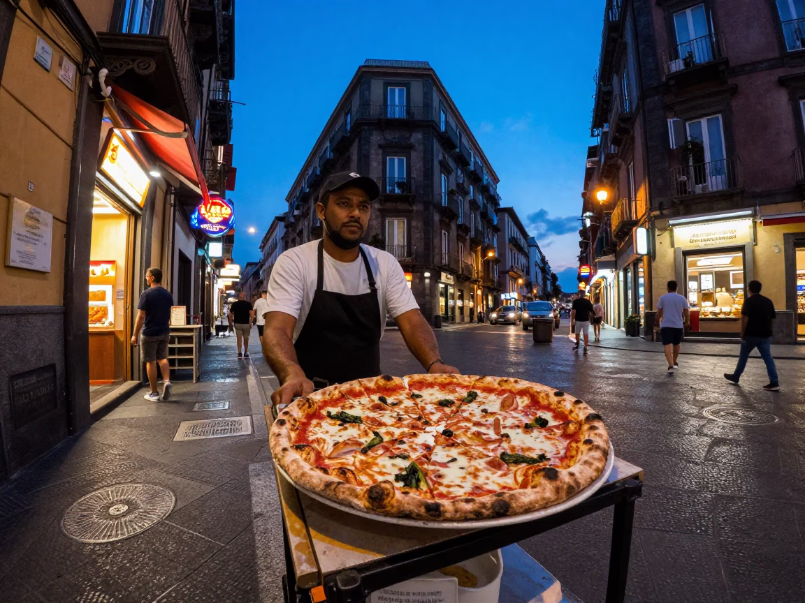 Vibrant Naples Italy Evening Street Scene with Pizza and Local Life in in Naples, Italy