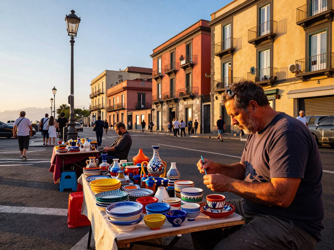 Vibrant Naples Street Corner at Golden Hour with Local Artisan and Vintage Details in in Naples, Italy
