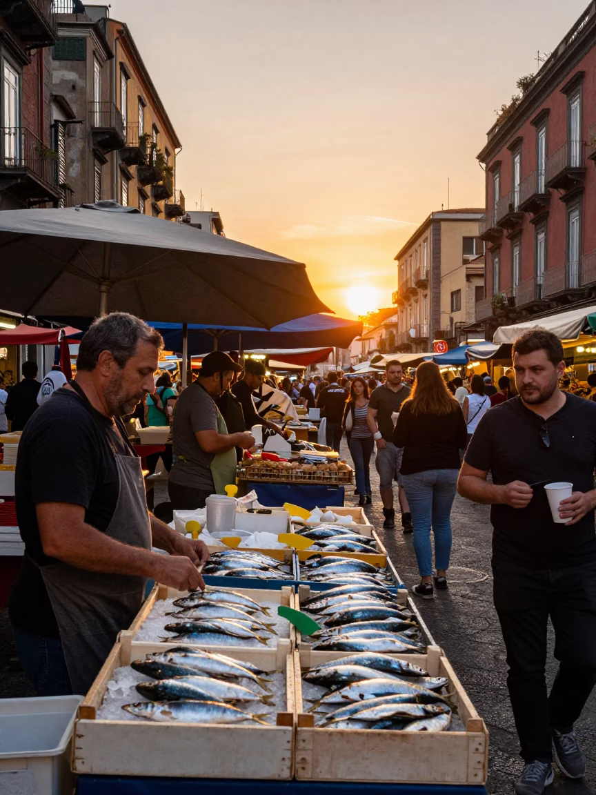 Vibrant Naples Street Market at Sunset with Sardines and Turkish Coffee in in Naples, Italy
