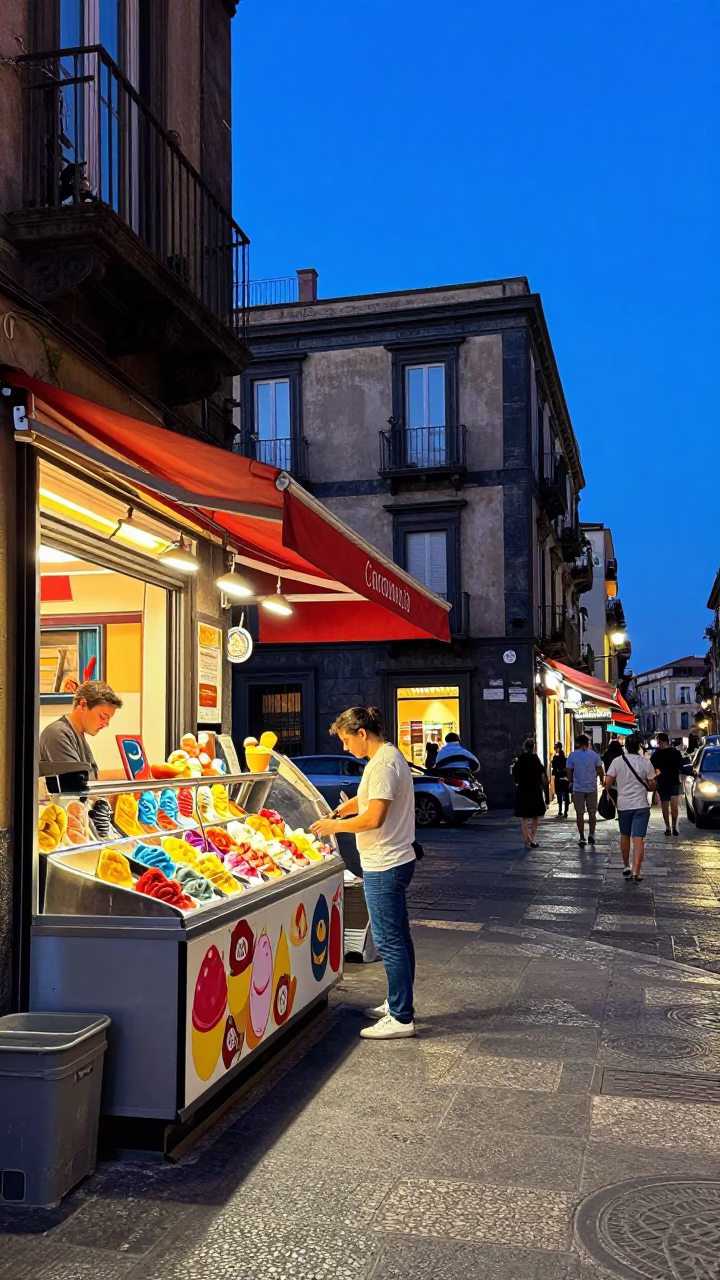 Vibrant Naples Street Scene at Blue Hour Featuring Gelato Display and Local Life in in Naples, Italy