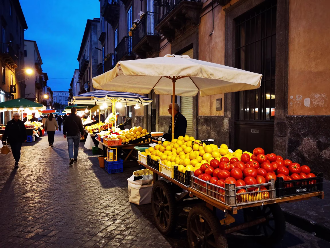 Vibrant Naples Street Scene at Blue Hour with Local Market Produce in in Naples, Italy