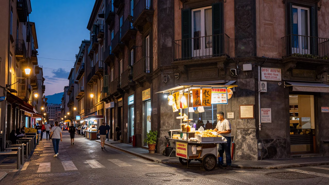 Vibrant Naples Street Scene at Dusk with Traditional Food and Local Life in in Naples, Italy