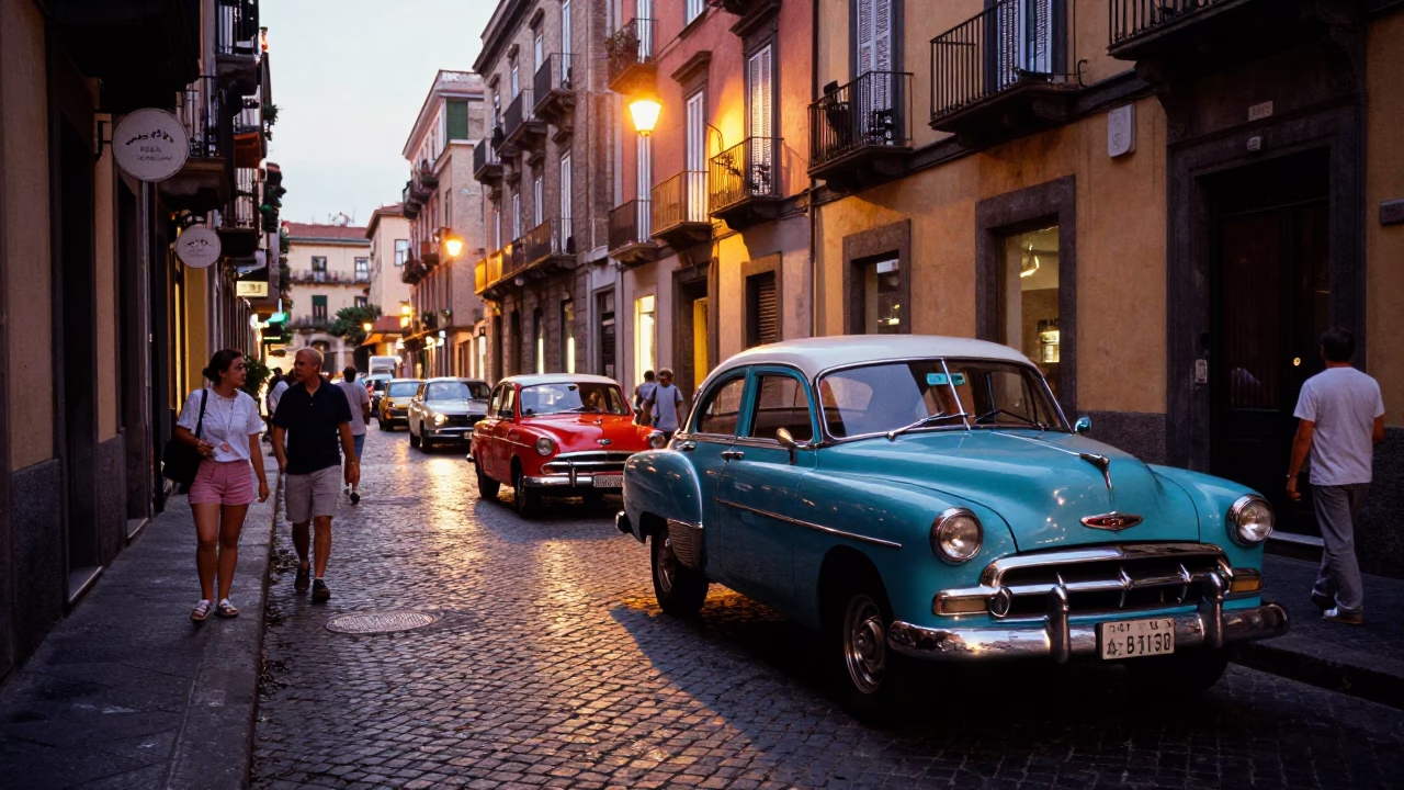 Vibrant Naples Street Scene at Dusk with Vintage Cars and Local Life in in Naples, Italy
