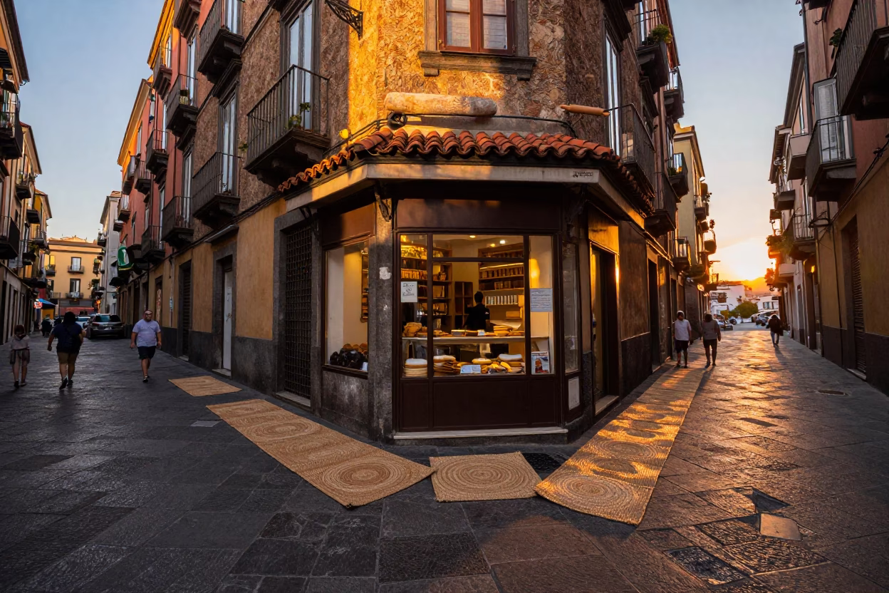 Vibrant Naples Street Scene at Sunset with Woven Mats and Rolling Pins in in Naples, Italy