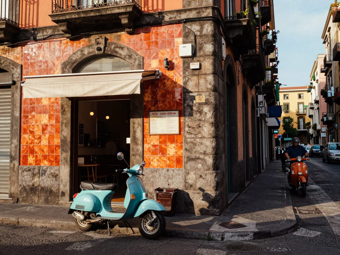 Vibrant Naples Street Scene Early Afternoon with Scooter and Pizza Aroma in in Naples, Italy