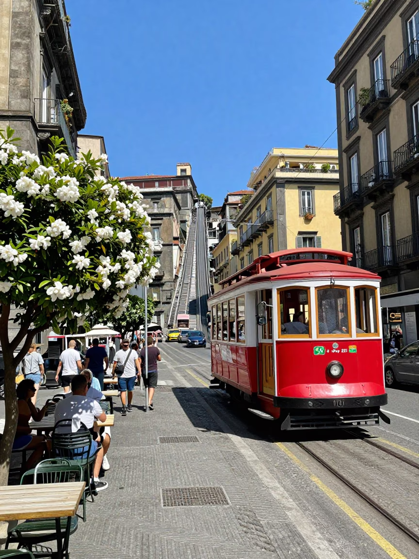 Vibrant Naples Street Scene with Cable Car and Gardenia Bush in Bright Midmorning Light in in Naples, Italy