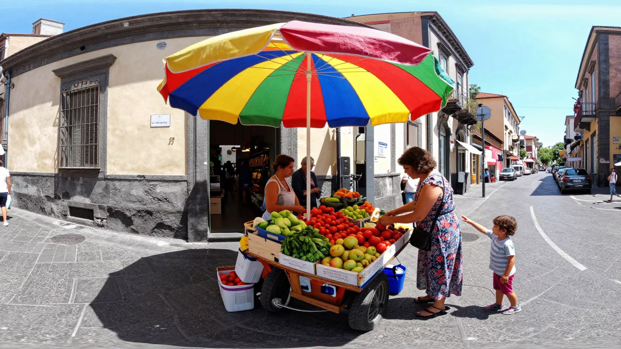 Vibrant Naples Street Scene with Colorful Umbrella Stand and Local Market Activity in in Naples, Italy