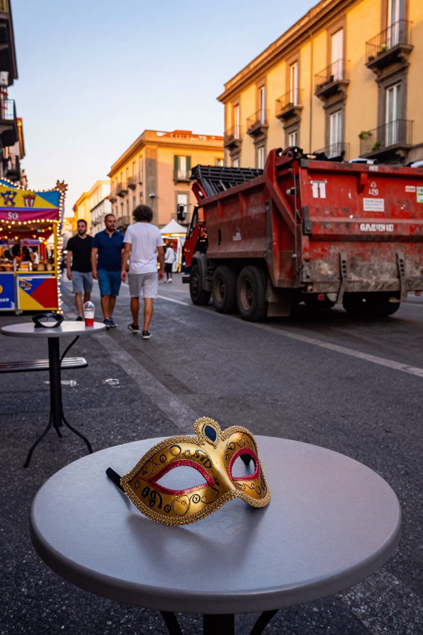 Vibrant Naples Street Scene with Demolition Dumpster and Carnival Mask in Honeyed Evening Light in in Naples, Italy