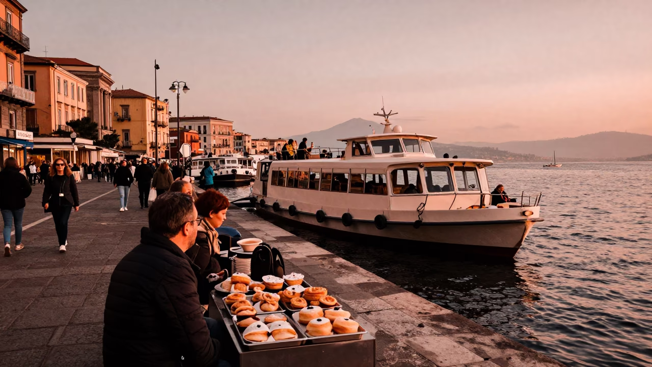 Vibrant Naples Street Scene with Water Taxi and Pastries in Copper Dusk Light in in Naples, Italy
