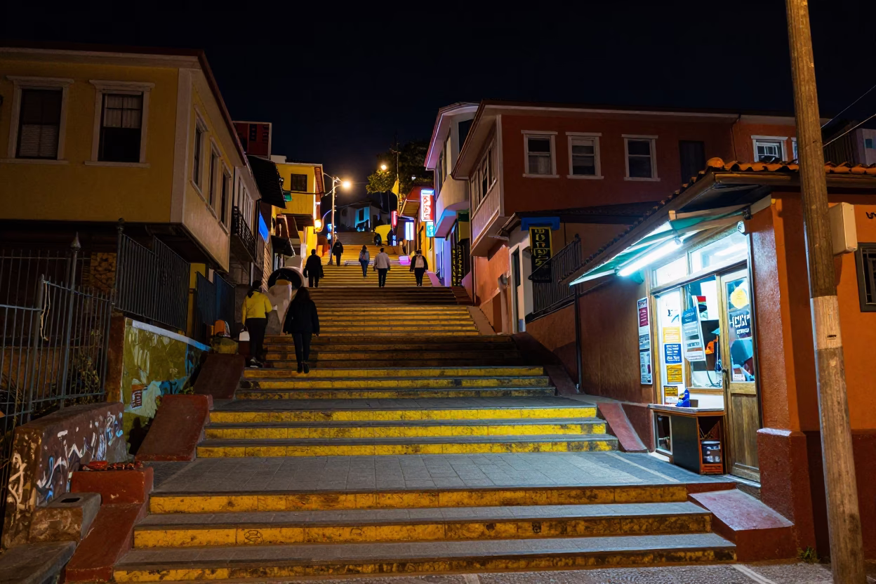 Vibrant Neon Signage and Colorful Staircase in Valparaiso Chile Night Street Scene in in Valparaiso, Chile