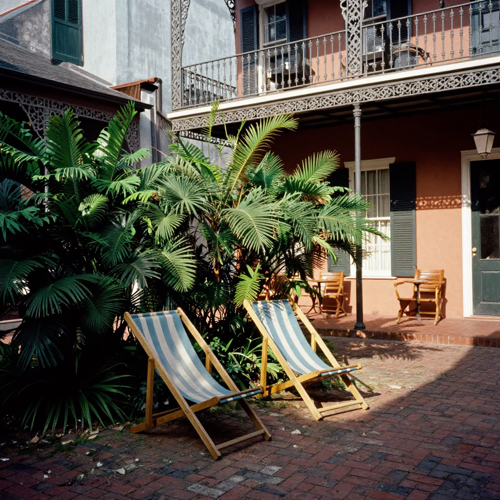 Vibrant New Orleans Courtyard Afternoon with Deck Chairs and Greenery in in New Orleans, Louisiana, United States