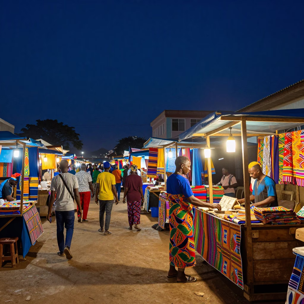 Vibrant Night Market Scene in Accra Ghana with Colorful Textiles and Local Commerce in in Accra, Ghana