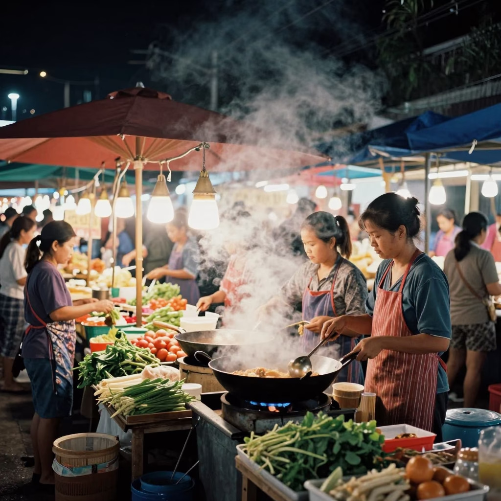 Vibrant Night Market Street Food Scene in Chiang Mai Thailand with Steam and Lanterns in in Chiang Mai, Thailand