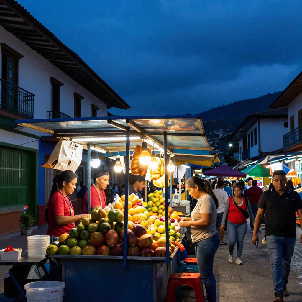 Vibrant Night Market Street Food Stall in Medellin Colombia Evening Blue Hour in in Medellin, Colombia