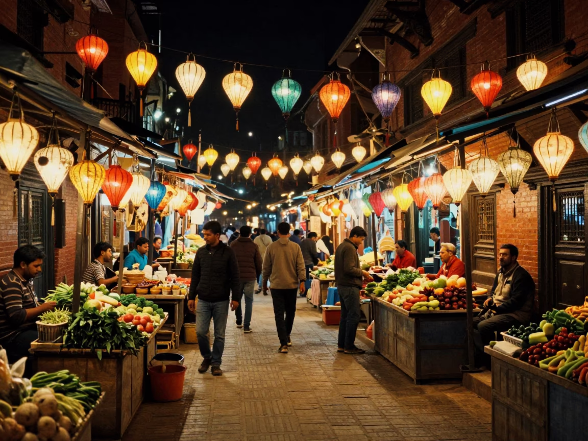 Vibrant Night Market Street Scene in Kathmandu Nepal with Colorful Lanterns and Busy Crowd in in Kathmandu, Nepal
