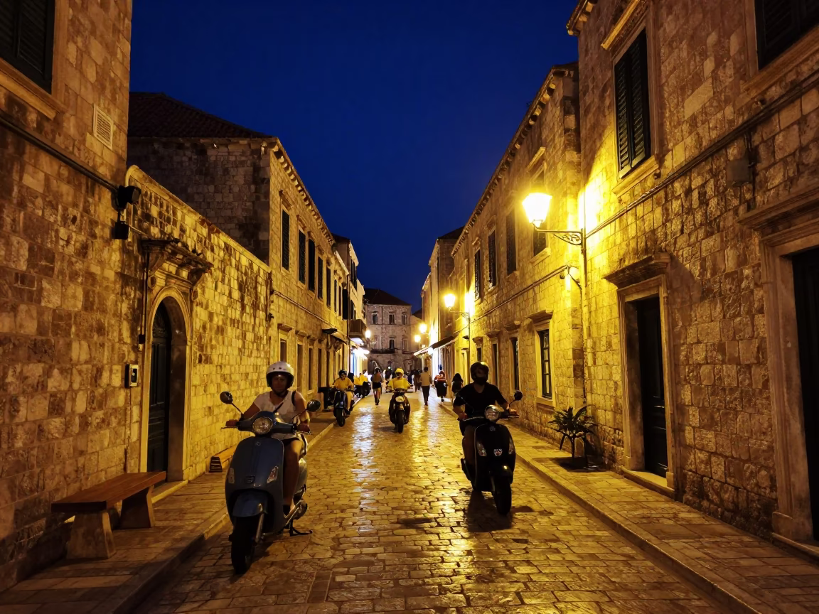 Vibrant Night Street Scene in Dubrovnik Old Town With Scooter and Local Life in in Dubrovnik, Croatia