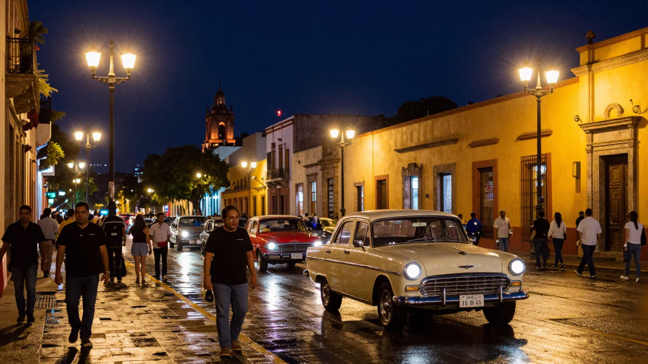 Vibrant Night Street Scene in Guadalajara Mexico with Vintage Car Rally and Local Alfajores in in Guadalajara, Mexico