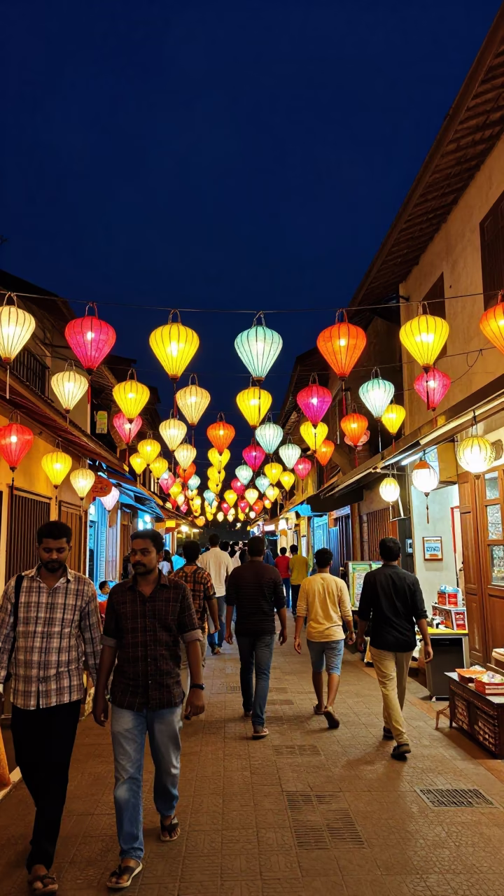 Vibrant Night Street Scene in Kochi India with Colorful Lanterns and Local Activity in in Kochi, India
