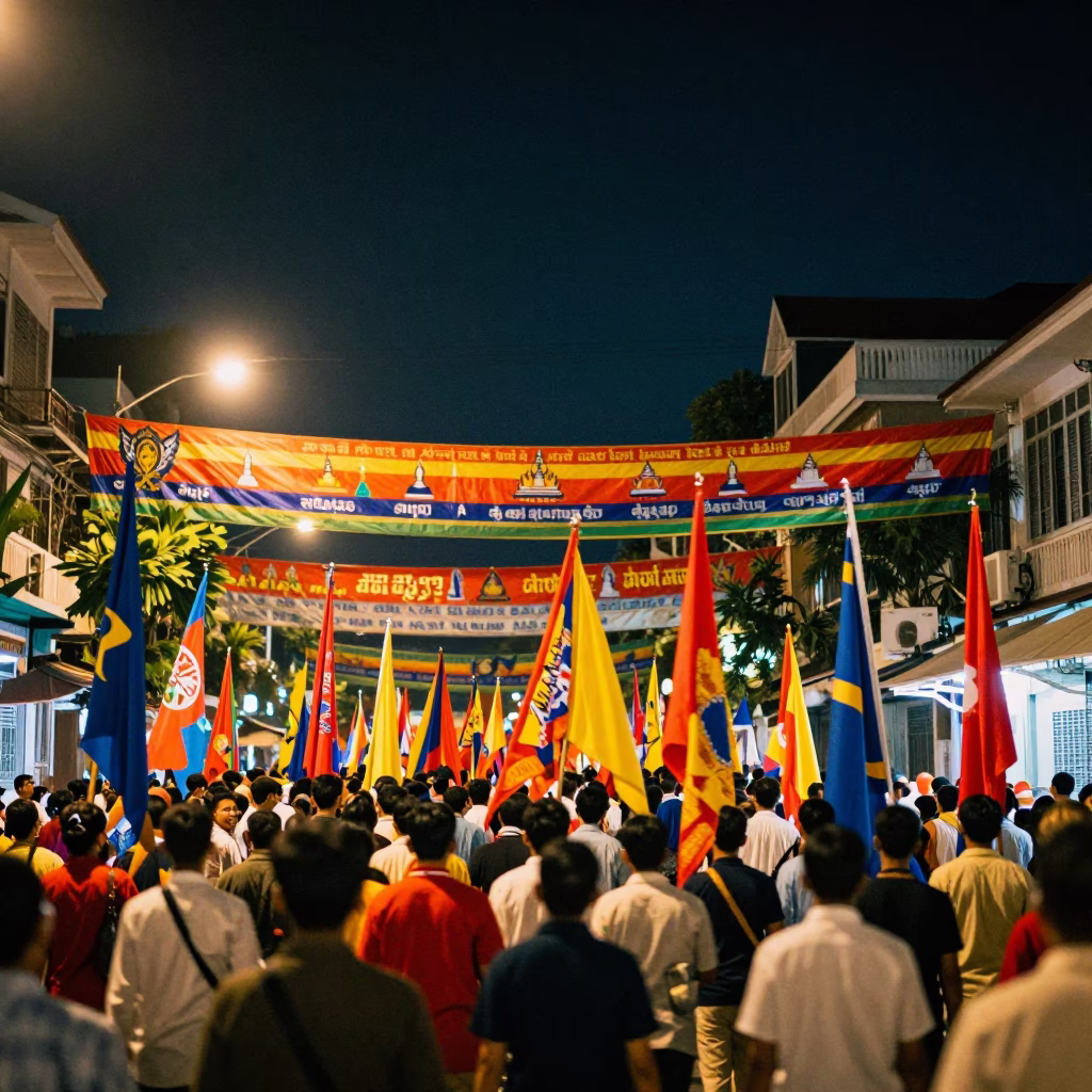 Vibrant Night Street Scene in Phnom Penh Cambodia with Colorful Procession Banners in in Phnom Penh, Cambodia