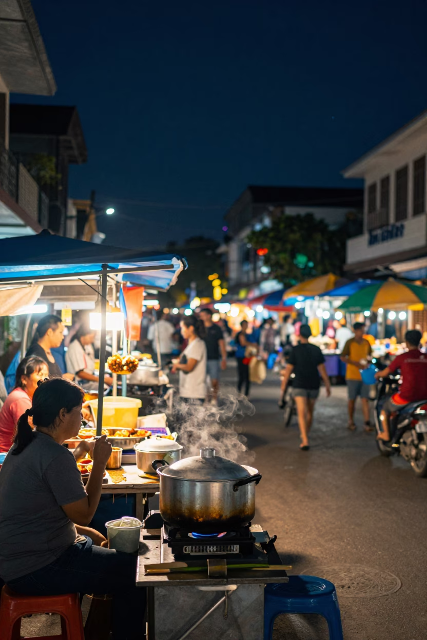 Vibrant Night Street Scene in Phnom Penh Cambodia with Cooking Pot and Iron Hook in in Phnom Penh, Cambodia
