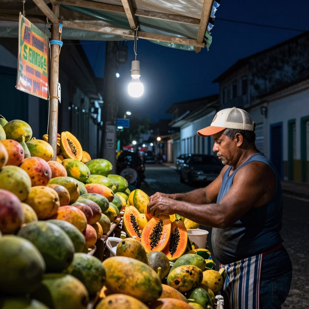 Vibrant Night Street Scene in Salvador Brazil with Local Food and Rope Details in in Salvador, Brazil