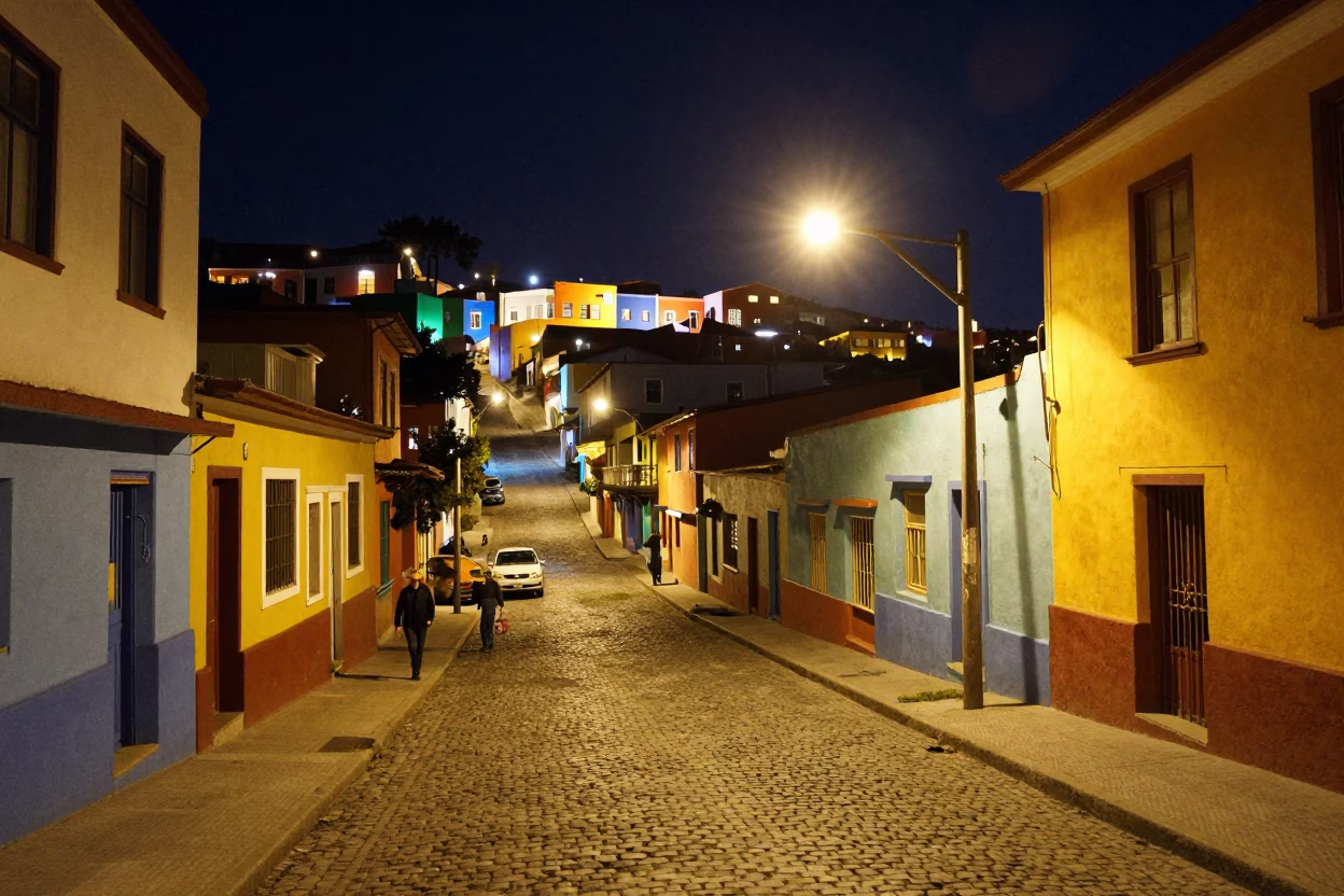 Vibrant Night Street Scene in Valparaiso Chile Colorful Facades and Local Life in in Valparaiso, Chile