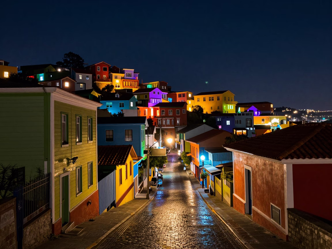 Vibrant Night Street Scene in Valparaiso Chile Featuring Colorful Architecture and Local Life in in Valparaiso, Chile