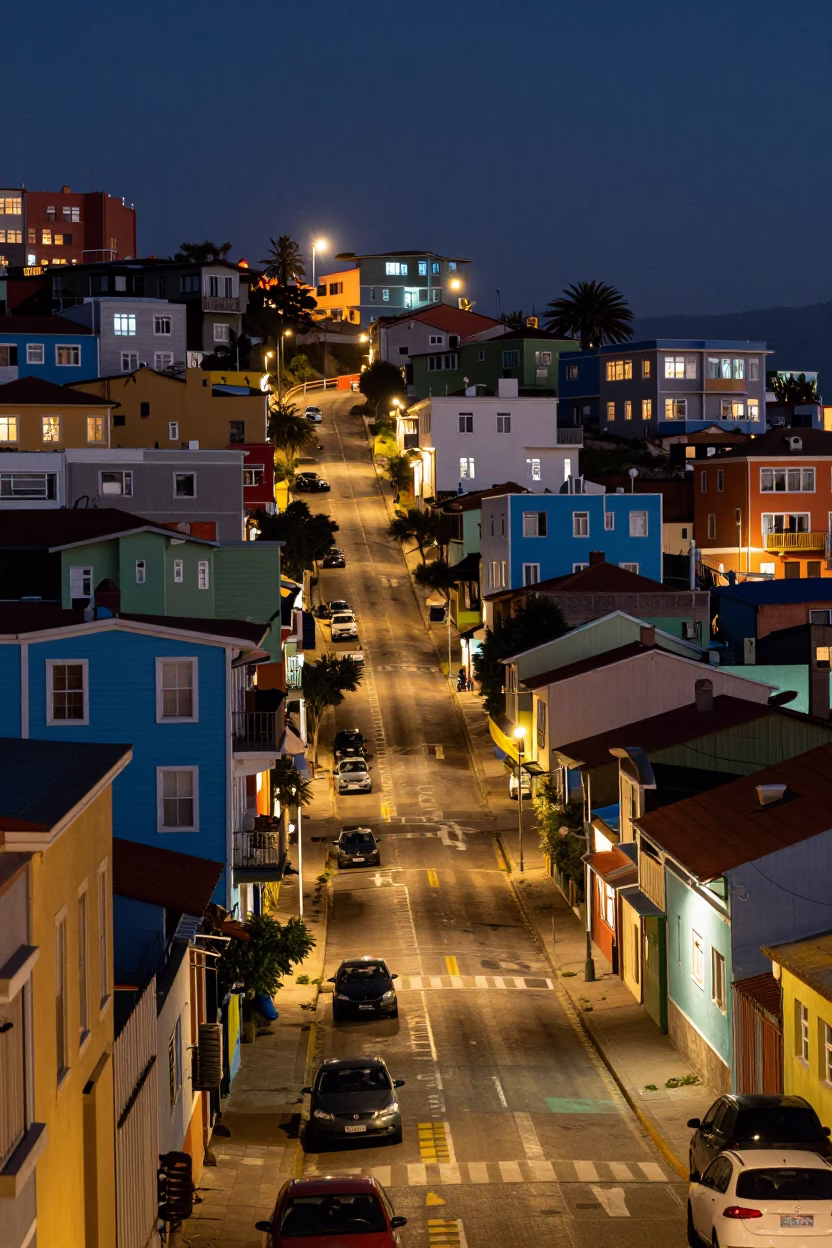 Vibrant Night Street Scene in Valparaiso Chile with Colorful Buildings and Taxi Rank in in Valparaiso, Chile