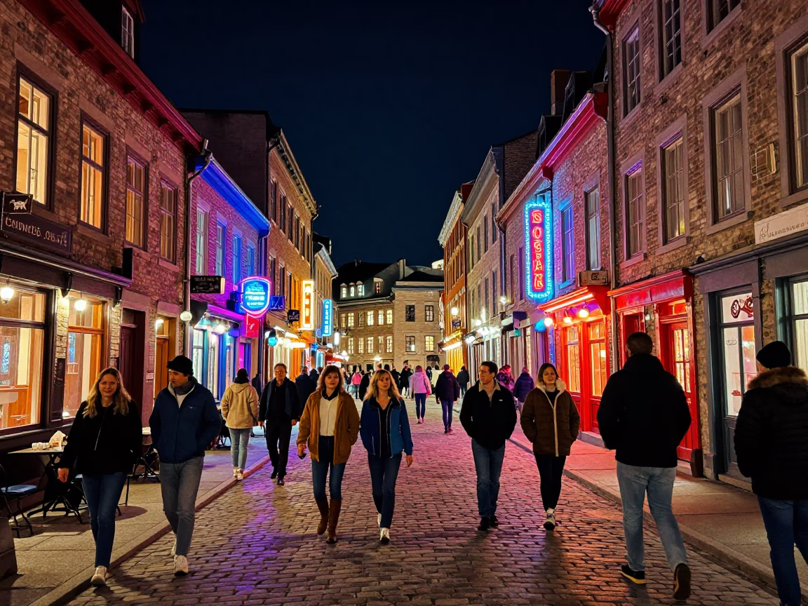 Vibrant Nightlife and Neon Lights of Old Quebec City Historic District at Night in in Quebec City, Quebec, Canada