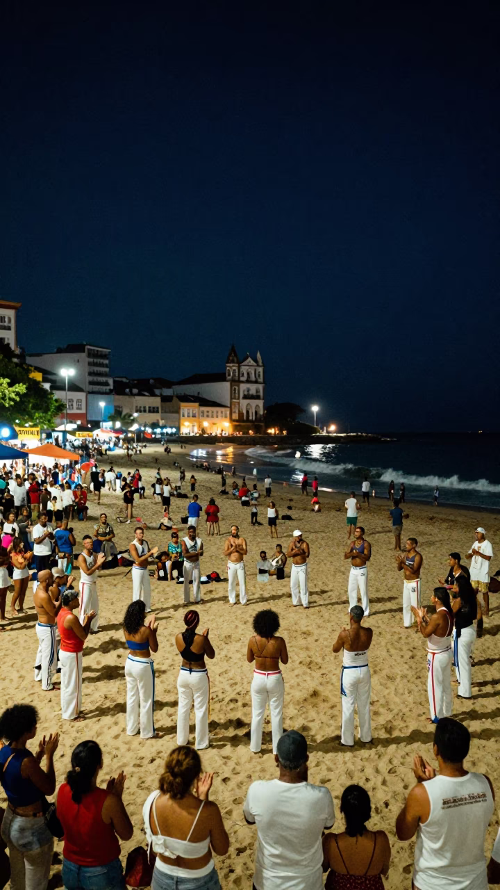 Vibrant Nighttime Street Scene in Salvador Brazil with Capoeira Circle and Local Market Activity in in Salvador, Brazil