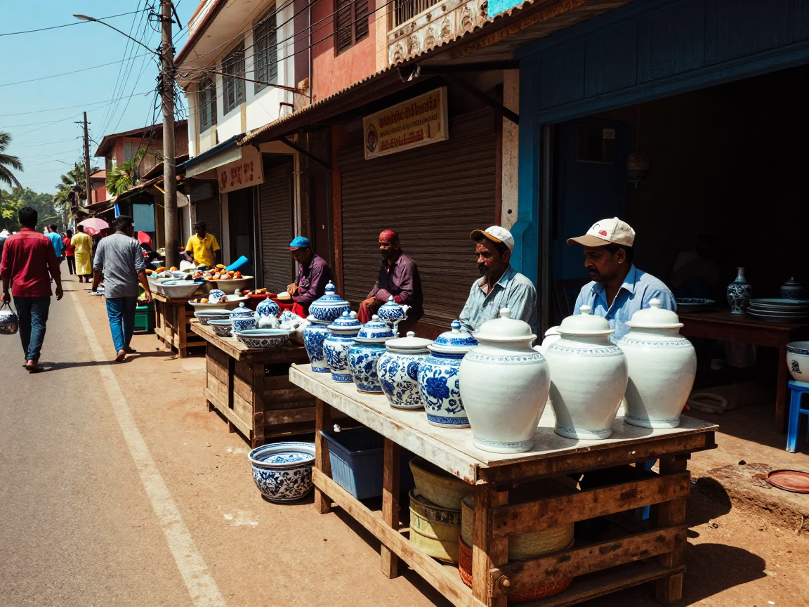 Vibrant Noon Street Scene in Kochi India with Blue Porcelain and Brass Basin in in Kochi, India